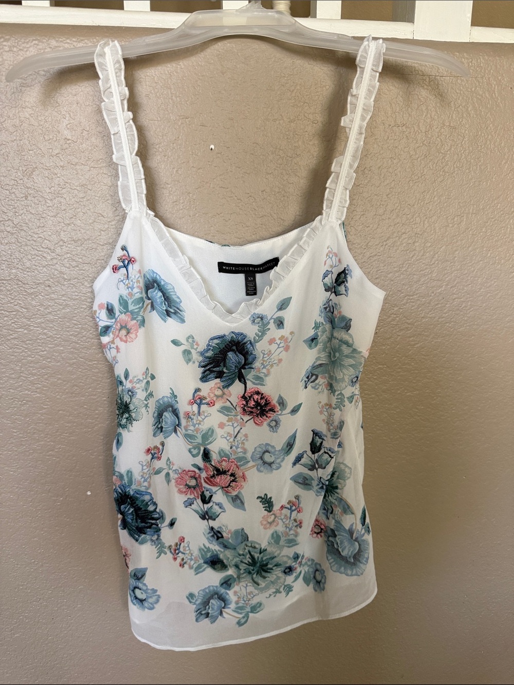 White House Black Market White Floral Camisole with Blue and Pink Blooms